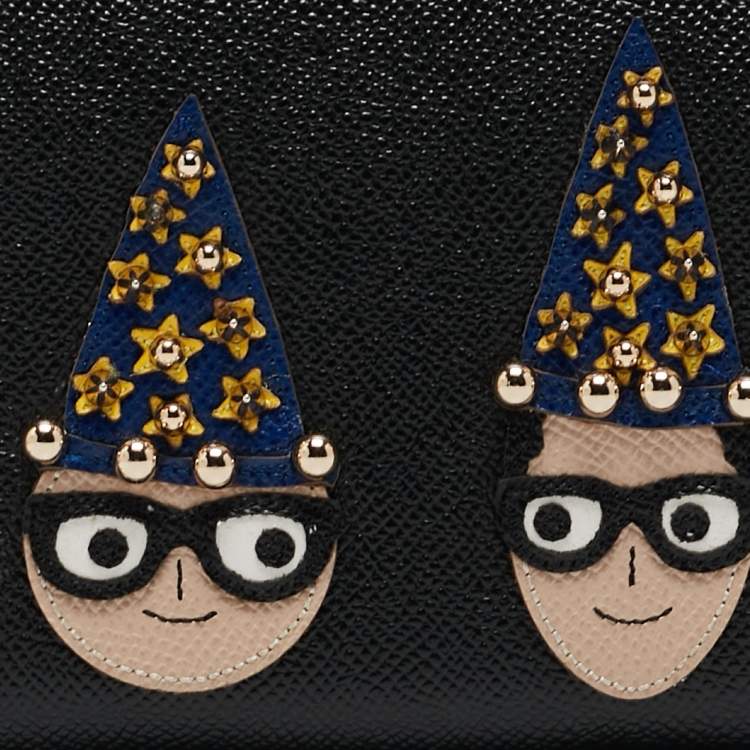 Pre Owned Dolce & Gabbana Black Leather DG Family Patch Zip Around Wallet