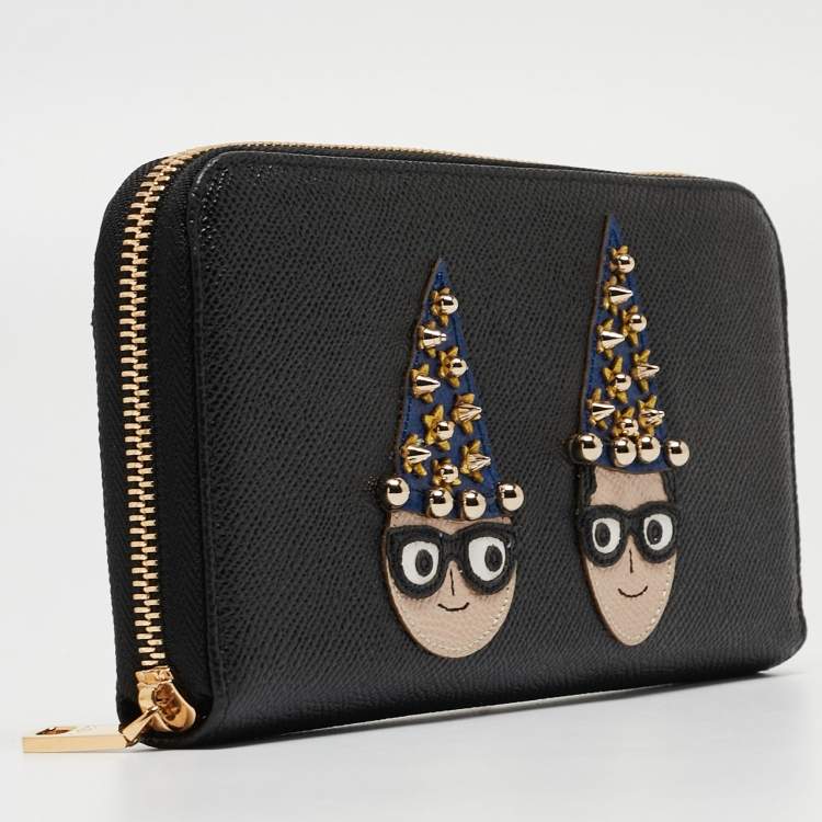 Pre Owned Dolce & Gabbana Black Leather DG Family Patch Zip Around Wallet