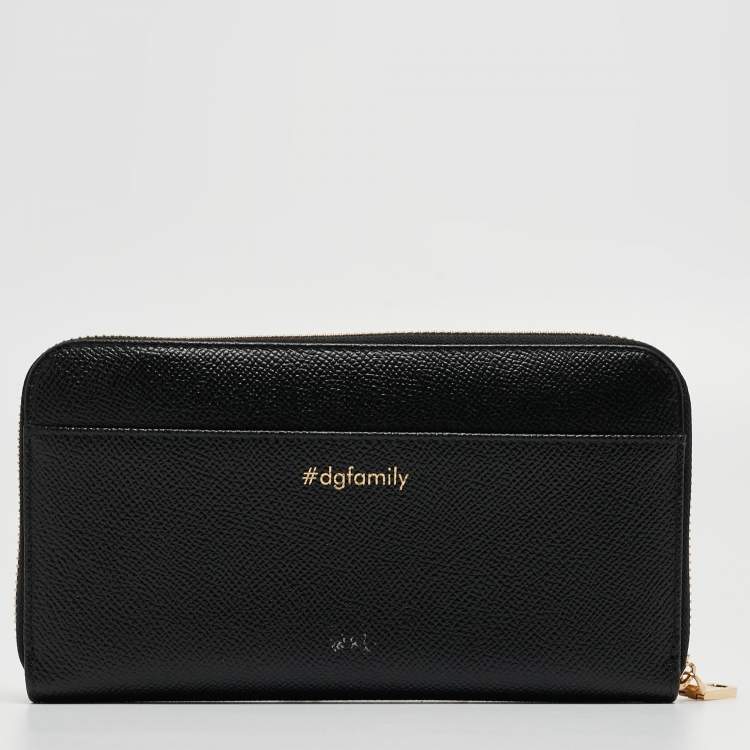Pre Owned Dolce & Gabbana Black Leather DG Family Patch Zip Around Wallet