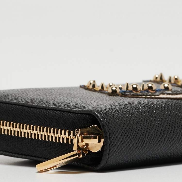 Pre Owned Dolce & Gabbana Black Leather DG Family Patch Zip Around Wallet