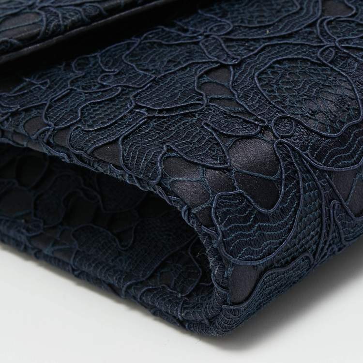 Pre Owned Dolce & Gabbana Navy Blue Lace and Satin Padlock Chain Clutch