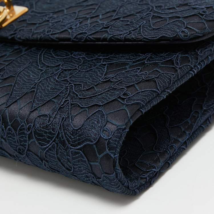 Pre Owned Dolce & Gabbana Navy Blue Lace and Satin Padlock Chain Clutch