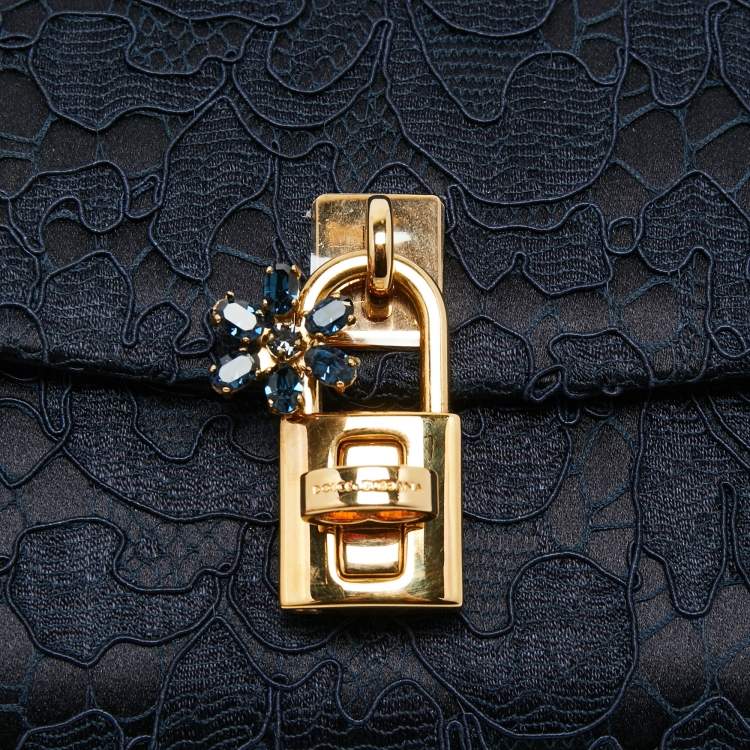 Pre Owned Dolce & Gabbana Navy Blue Lace and Satin Padlock Chain Clutch