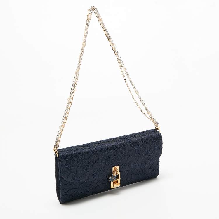 Pre Owned Dolce & Gabbana Navy Blue Lace and Satin Padlock Chain Clutch