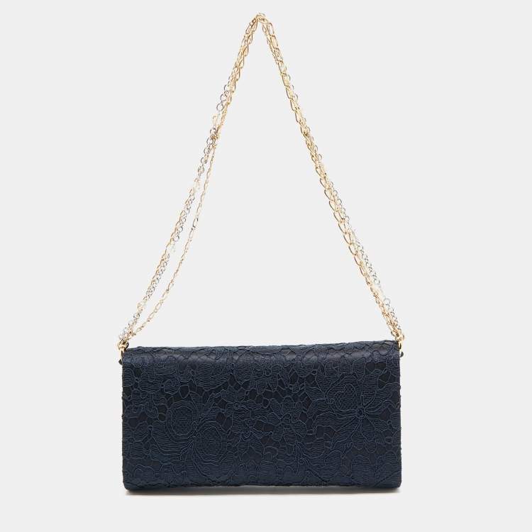 Pre Owned Dolce & Gabbana Navy Blue Lace and Satin Padlock Chain Clutch