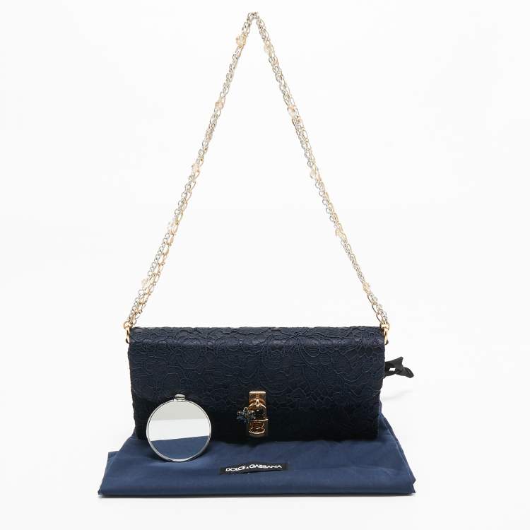 Pre Owned Dolce & Gabbana Navy Blue Lace and Satin Padlock Chain Clutch