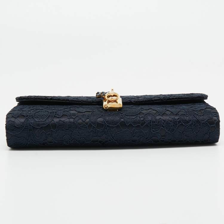 Pre Owned Dolce & Gabbana Navy Blue Lace and Satin Padlock Chain Clutch