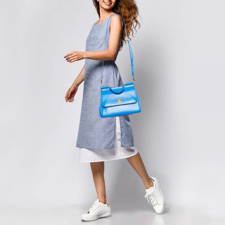 Pre Owned Dolce & Gabbana Blue Leather Medium Miss Sicily Top Handle Bag
