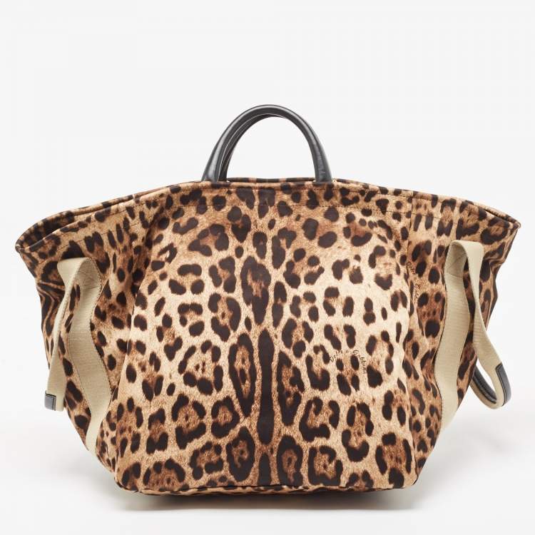 Pre Owned Dolce & Gabbana Beige Brown/Black Leopard Print Fabric Front Pouch Tote  