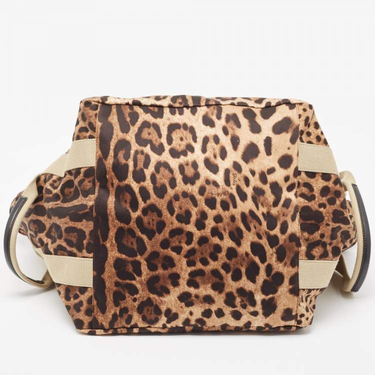 Pre Owned Dolce & Gabbana Beige Brown/Black Leopard Print Fabric Front Pouch Tote  