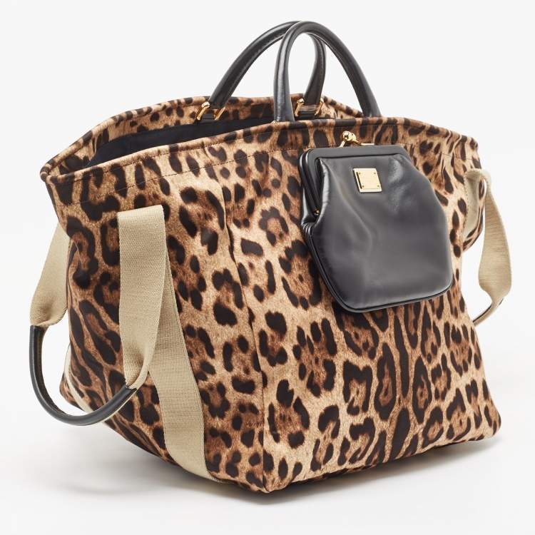 Pre Owned Dolce & Gabbana Beige Brown/Black Leopard Print Fabric Front Pouch Tote  