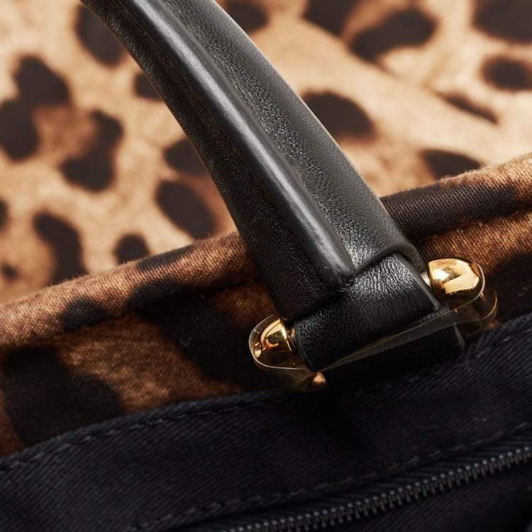 Pre Owned Dolce & Gabbana Beige Brown/Black Leopard Print Fabric Front Pouch Tote  