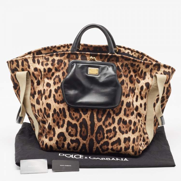 Pre Owned Dolce & Gabbana Beige Brown/Black Leopard Print Fabric Front Pouch Tote  
