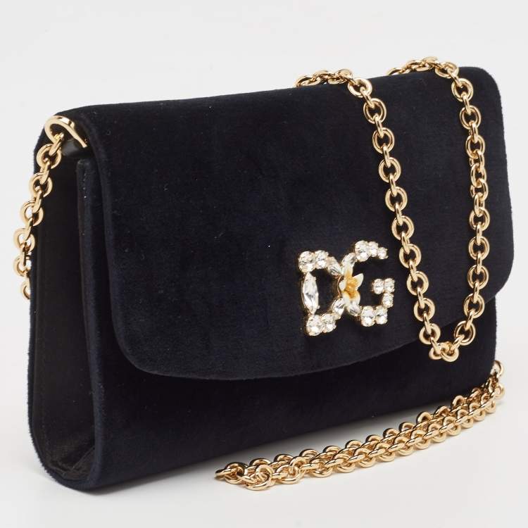 Pre Owned Dolce & Gabbana Black Velvet Crystal Logo Chain Clutch