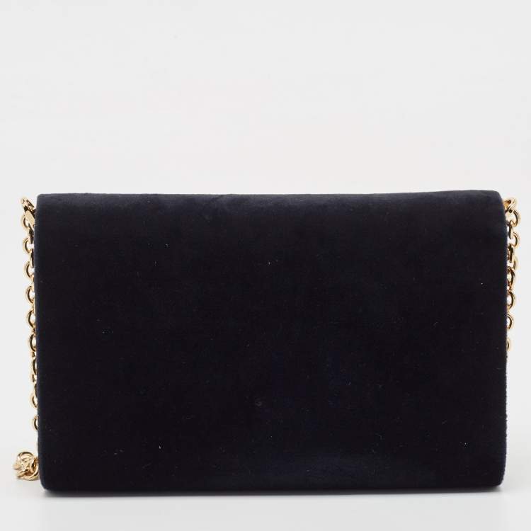Pre Owned Dolce & Gabbana Black Velvet Crystal Logo Chain Clutch