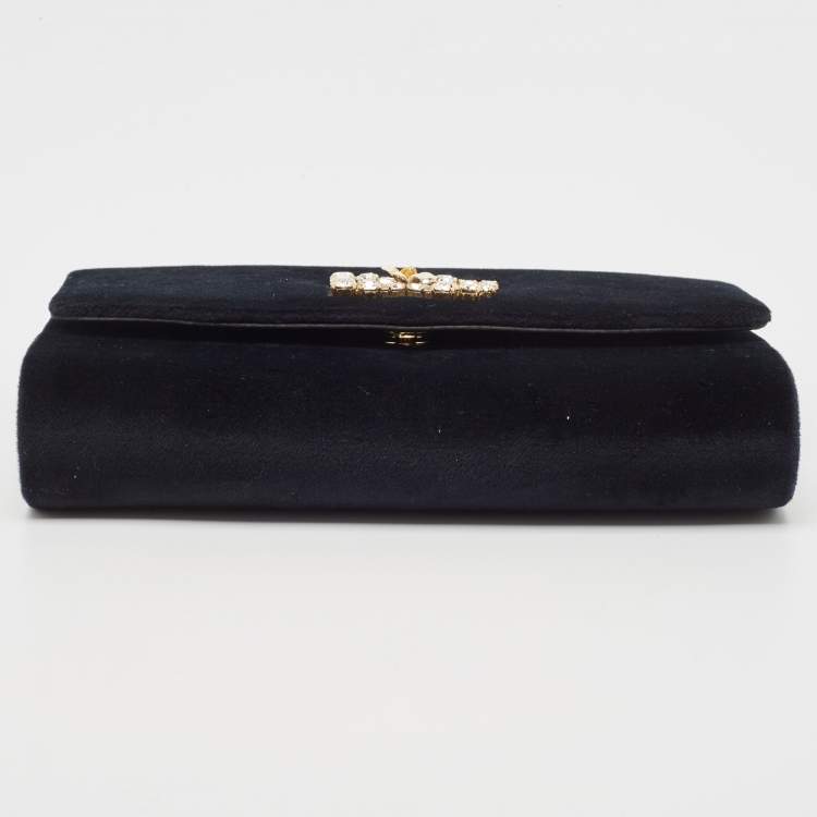 Pre Owned Dolce & Gabbana Black Velvet Crystal Logo Chain Clutch