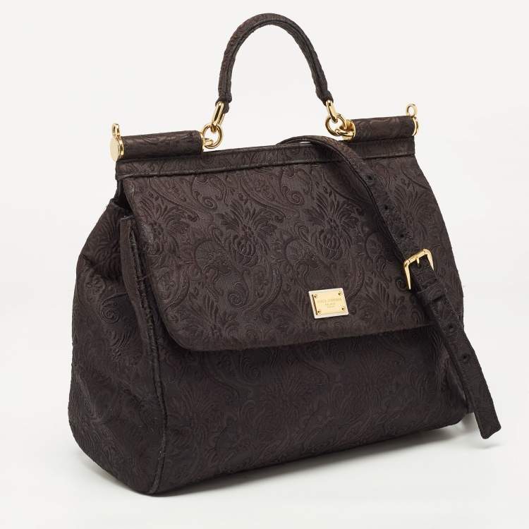 Pre Owned Dolce & Gabbana Black Brocade Fabric Large Miss Sicily Top Handle Bag