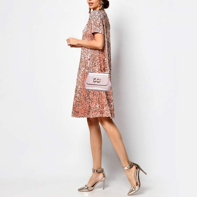 Pre Owned Dolce & Gabbana Pink Lurex Fabric and Leather Mini Miss Sicily Top Handle Bag