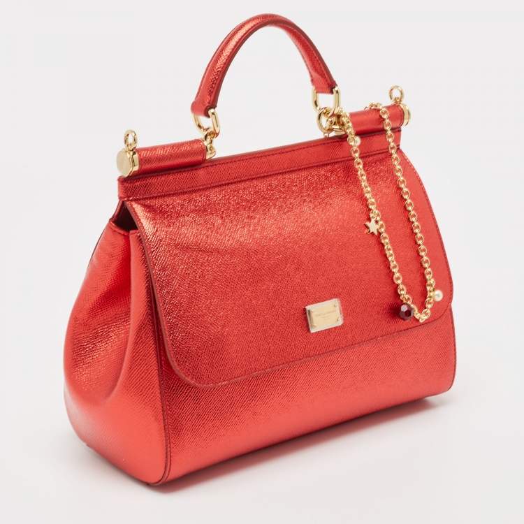 Pre Owned Dolce & Gabbana Red Leather Medium Miss Sicily Top Handle Bag