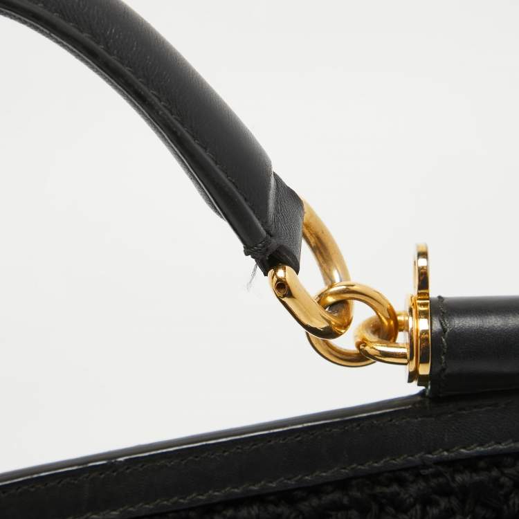 Pre Owned Dolce & Gabbana Black Crochet Fabric Large Crystal and Chain Miss Sicily Top Handle Bag