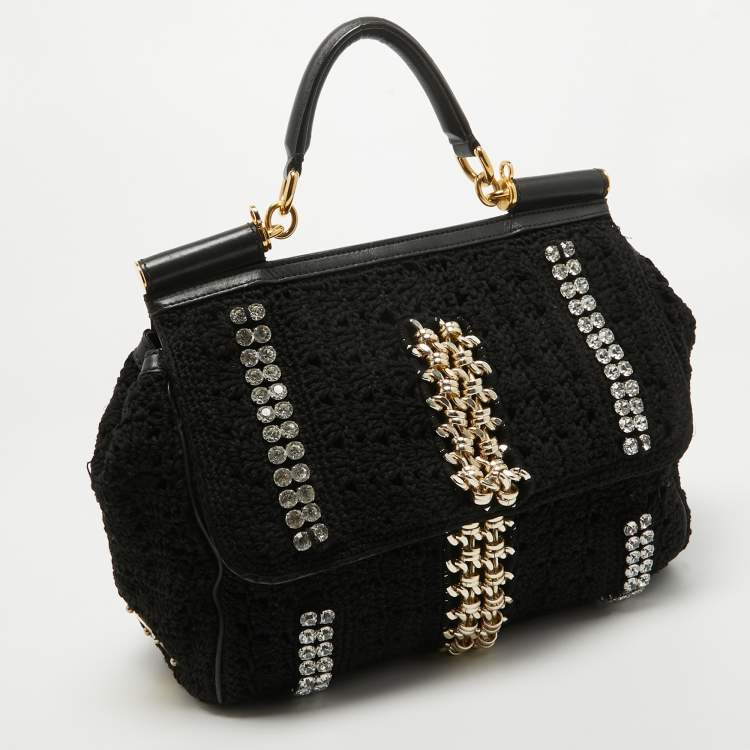 Pre Owned Dolce & Gabbana Black Crochet Fabric Large Crystal and Chain Miss Sicily Top Handle Bag