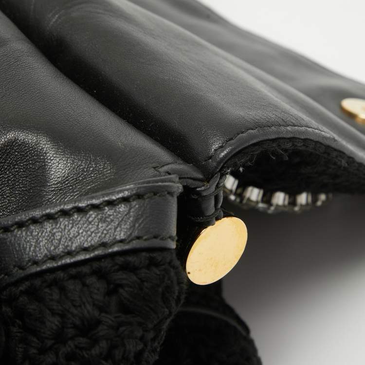 Pre Owned Dolce & Gabbana Black Crochet Fabric Large Crystal and Chain Miss Sicily Top Handle Bag