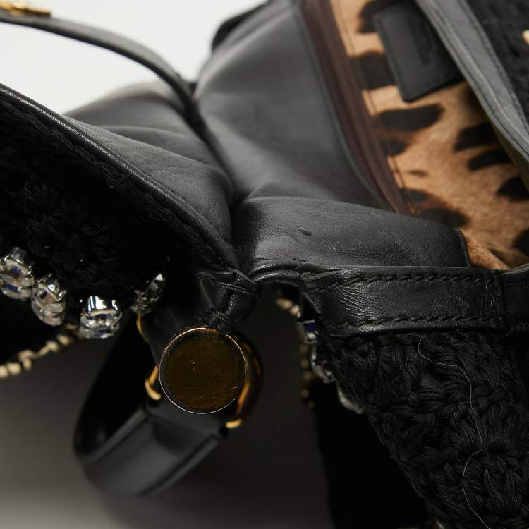Pre Owned Dolce & Gabbana Black Crochet Fabric Large Crystal and Chain Miss Sicily Top Handle Bag