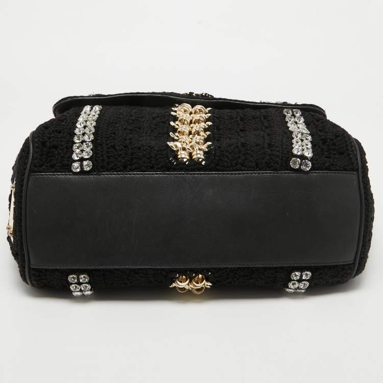 Pre Owned Dolce & Gabbana Black Crochet Fabric Large Crystal and Chain Miss Sicily Top Handle Bag