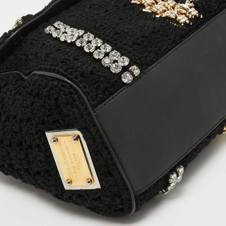 Pre Owned Dolce & Gabbana Black Crochet Fabric Large Crystal and Chain Miss Sicily Top Handle Bag