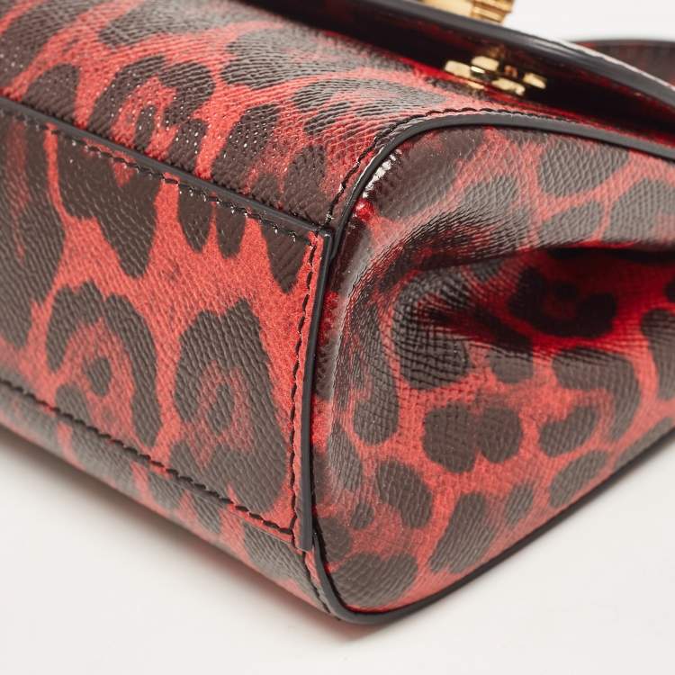 Pre Owned Dolce & Gabbana Red/Black Leopard Print Leather Mini Crystal and Spike DG Logo Miss Sicily Bag