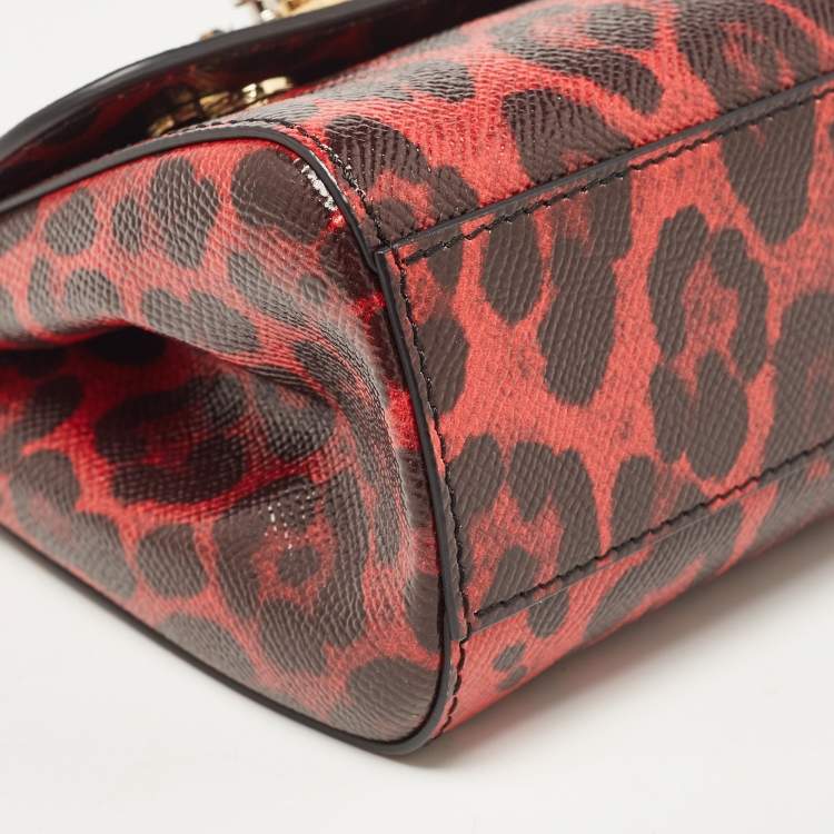 Pre Owned Dolce & Gabbana Red/Black Leopard Print Leather Mini Crystal and Spike DG Logo Miss Sicily Bag