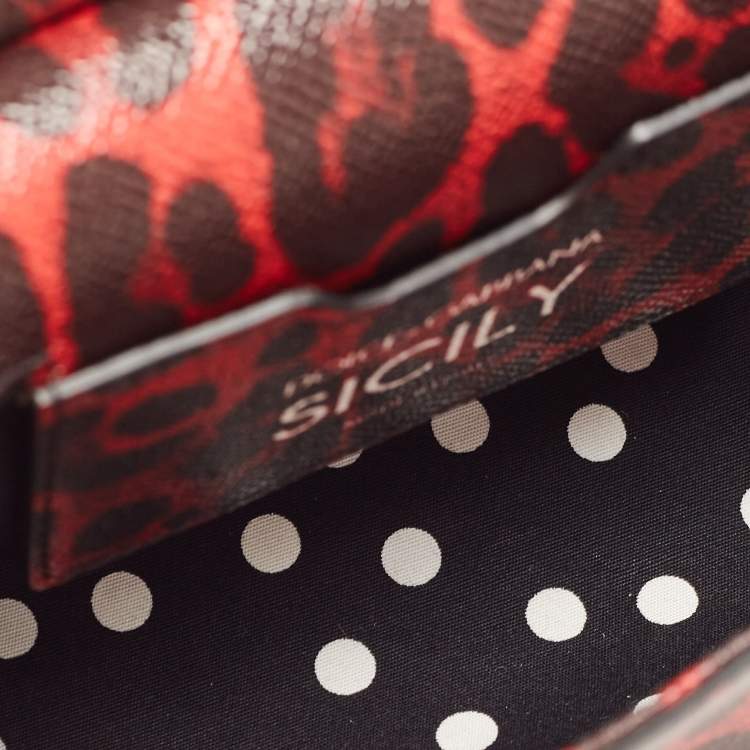 Pre Owned Dolce & Gabbana Red/Black Leopard Print Leather Mini Crystal and Spike DG Logo Miss Sicily Bag