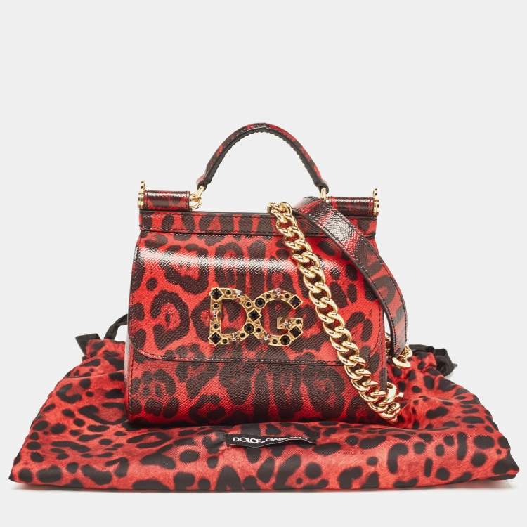 Pre Owned Dolce & Gabbana Red/Black Leopard Print Leather Mini Crystal and Spike DG Logo Miss Sicily Bag