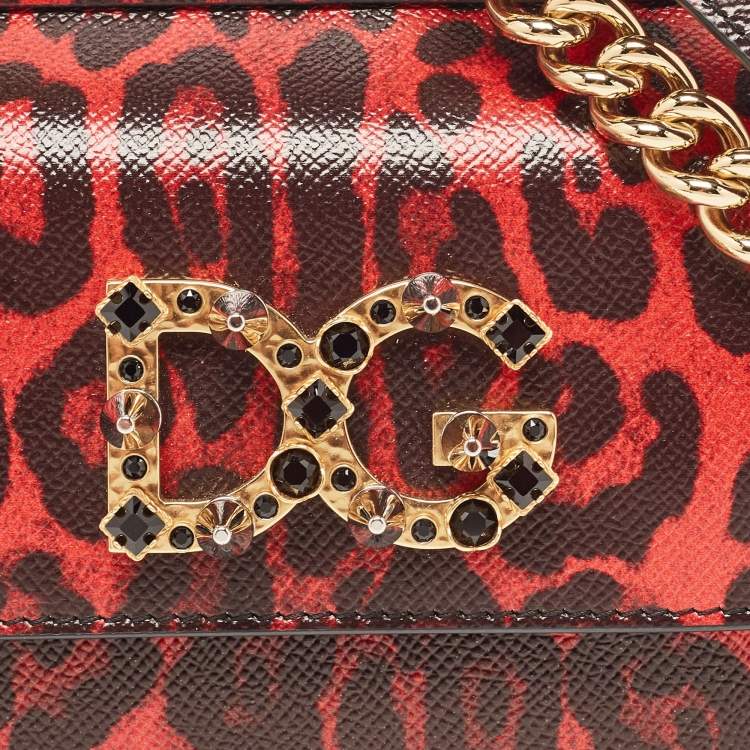 Pre Owned Dolce & Gabbana Red/Black Leopard Print Leather Mini Crystal and Spike DG Logo Miss Sicily Bag