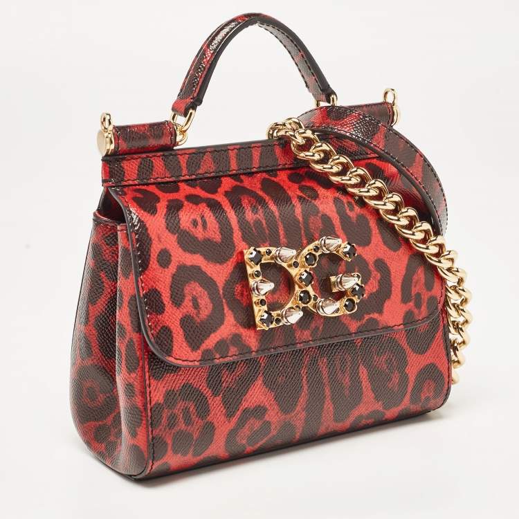 Pre Owned Dolce & Gabbana Red/Black Leopard Print Leather Mini Crystal and Spike DG Logo Miss Sicily Bag