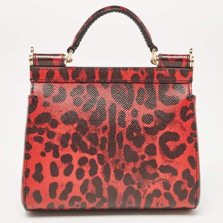 Pre Owned Dolce & Gabbana Red/Black Leopard Print Leather Mini Crystal and Spike DG Logo Miss Sicily Bag