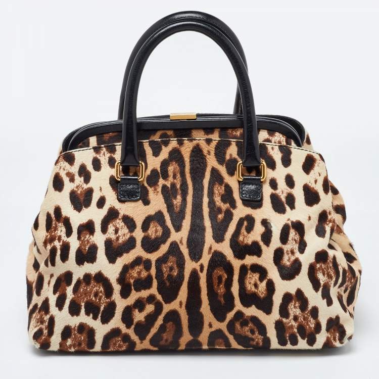 Pre Owned Dolce & Gabbana Brown Leopard Print Calfhair and Leather Frame Satchel