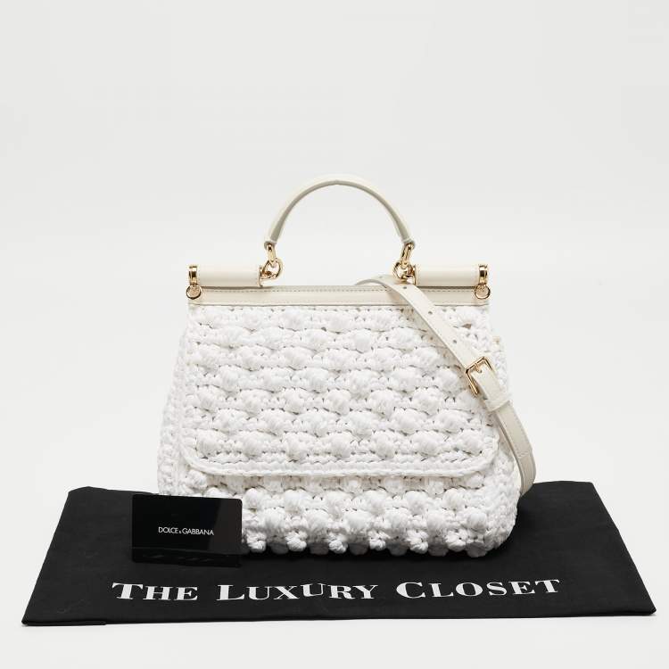 Pre Owned Dolce & Gabbana White Raffia and Leather Medium Miss Sicily Top Handle Bag