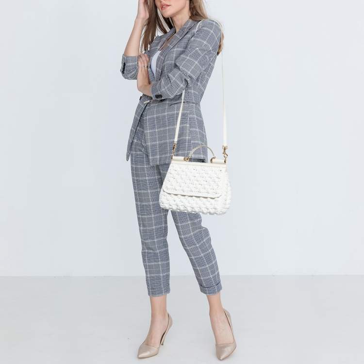 Pre Owned Dolce & Gabbana White Raffia and Leather Medium Miss Sicily Top Handle Bag