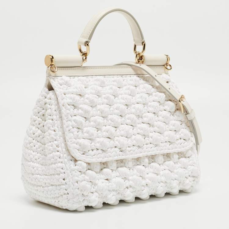 Pre Owned Dolce & Gabbana White Raffia and Leather Medium Miss Sicily Top Handle Bag
