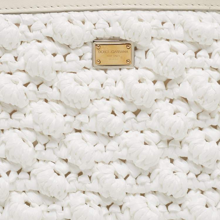 Pre Owned Dolce & Gabbana White Raffia and Leather Medium Miss Sicily Top Handle Bag
