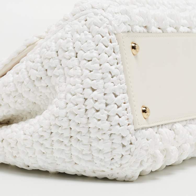Pre Owned Dolce & Gabbana White Raffia and Leather Medium Miss Sicily Top Handle Bag