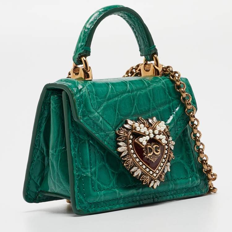 Pre Owned Dolce & Gabbana Green Crocodile Micro Devotion Bag