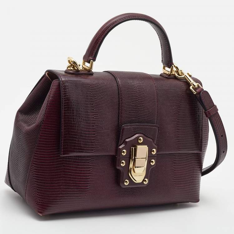 Pre Owned Dolce & Gabbana Burgundy Lizard Embossed Leather Medium Lucia Top Handle Bag