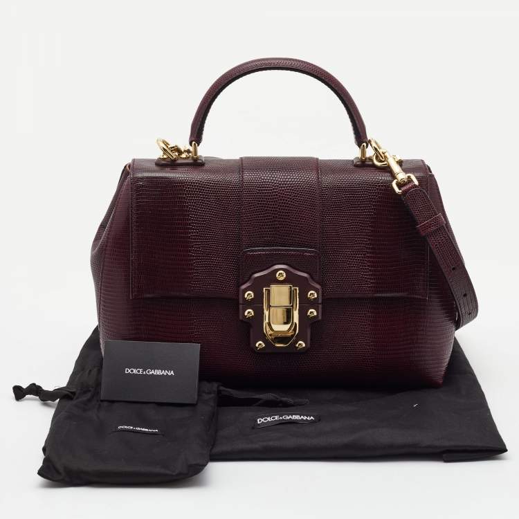 Pre Owned Dolce & Gabbana Burgundy Lizard Embossed Leather Medium Lucia Top Handle Bag