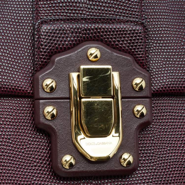Pre Owned Dolce & Gabbana Burgundy Lizard Embossed Leather Medium Lucia Top Handle Bag