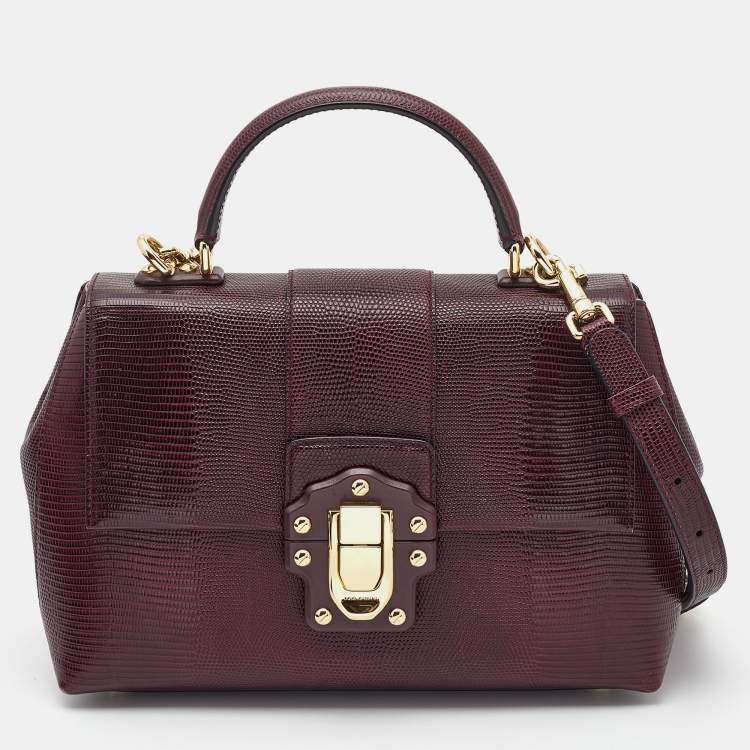 Pre Owned Dolce & Gabbana Burgundy Lizard Embossed Leather Medium Lucia Top Handle Bag