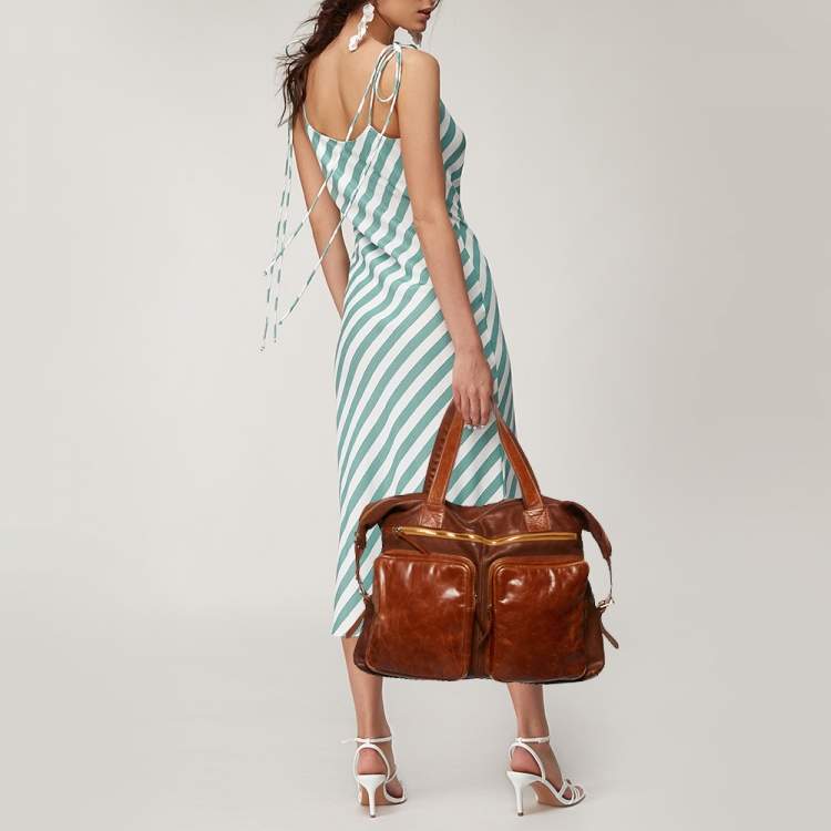 Pre Owned Dolce & Gabbana Tan Leather Double Pocket Weekender Bag