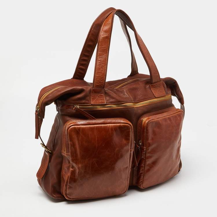 Pre Owned Dolce & Gabbana Tan Leather Double Pocket Weekender Bag