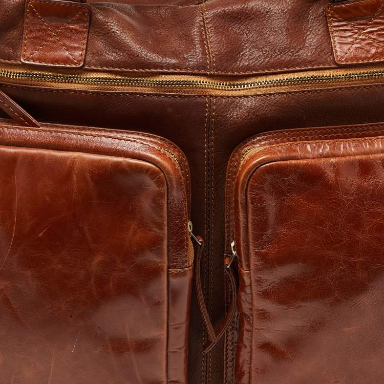 Pre Owned Dolce & Gabbana Tan Leather Double Pocket Weekender Bag